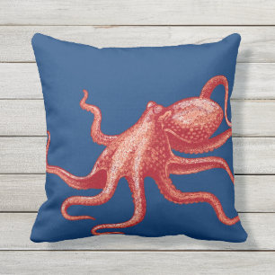 Ocean Beach Sea Life Red Octopus Modernes Vintag 4 Kissen Für Draußen