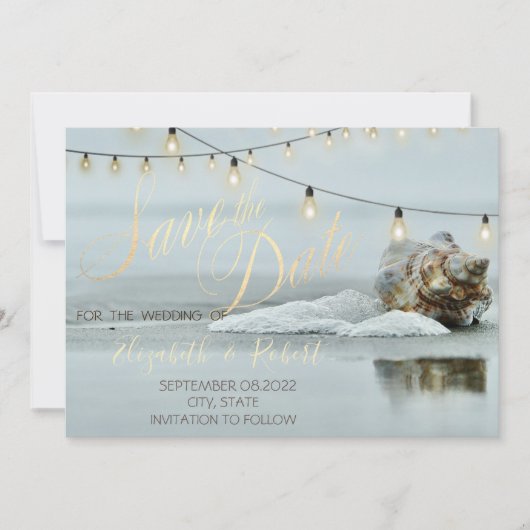 Ocean Beach Seashell String Light Save the Date (Vorderseite)