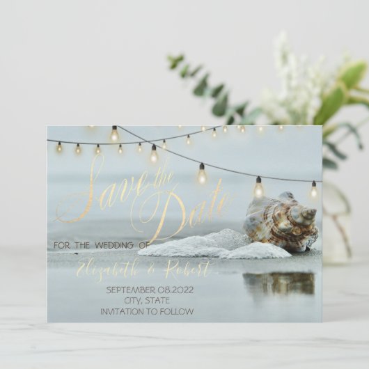 Ocean Beach Seashell String Light Save the Date (Stehend Vorderseite)