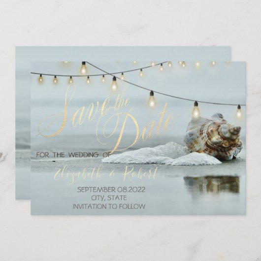 Ocean Beach Seashell String Light Save the Date (Vorne/Hinten)