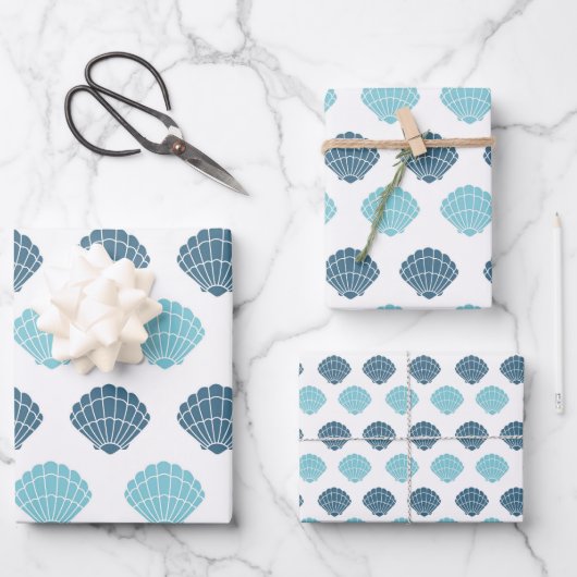 Ocean Beach Seashells Blaues Muster Theme Geschenkpapier Set (Vorderseite)