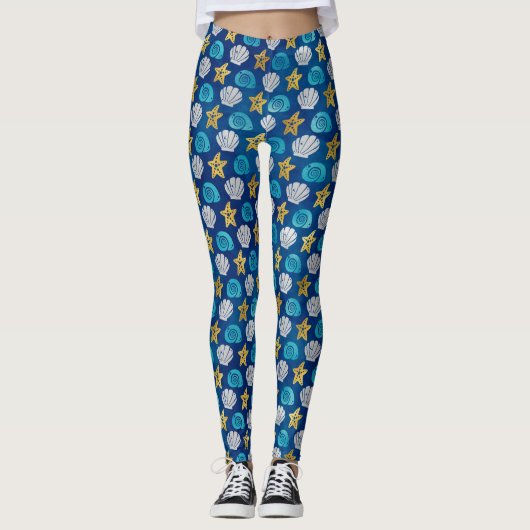 Ocean Beach Seashells Starfish Blue Yoga Leggings (Vorderseite)