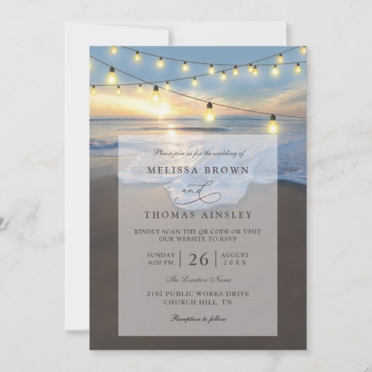 Ocean Beach Seaside String Lights QR Code Wedding Einladung (Vorderseite)