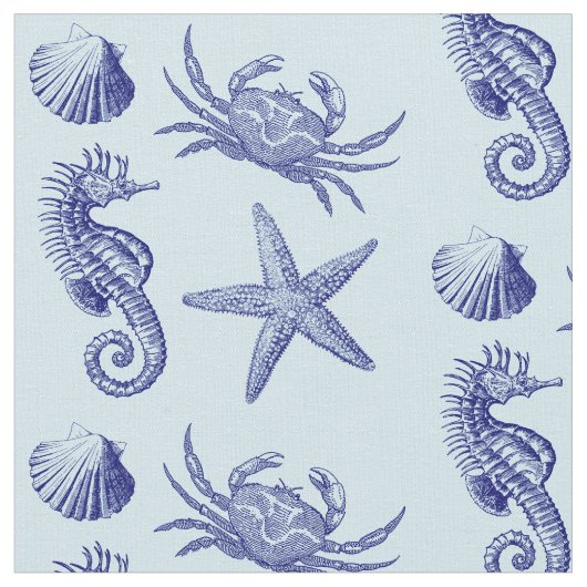 Ocean Beach Seepferd Starfish Crab & Muschel Muste Stoff (Nahaufnahme)