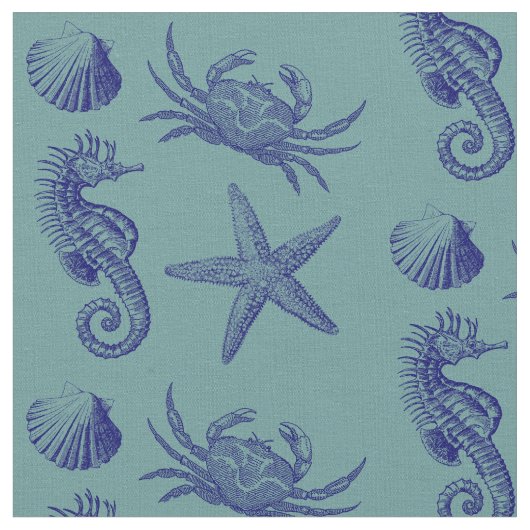 Ocean Beach Seepferd Starfish Crab & Muschel Muste Stoff (Nahaufnahme)