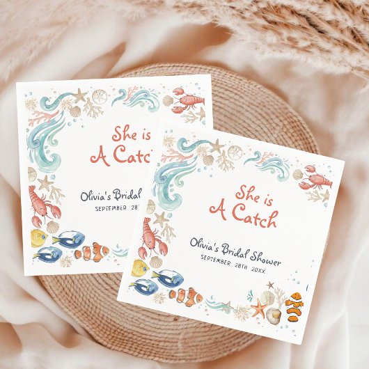 Ocean Beach She Is a Catch Bridal Shower Cocktail Serviette