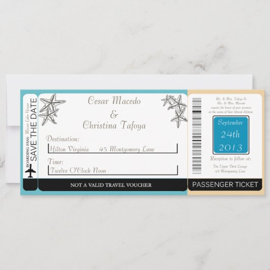 Ocean Beach Shore Boarding Pass Einladung Hochzeit (Vorderseite)