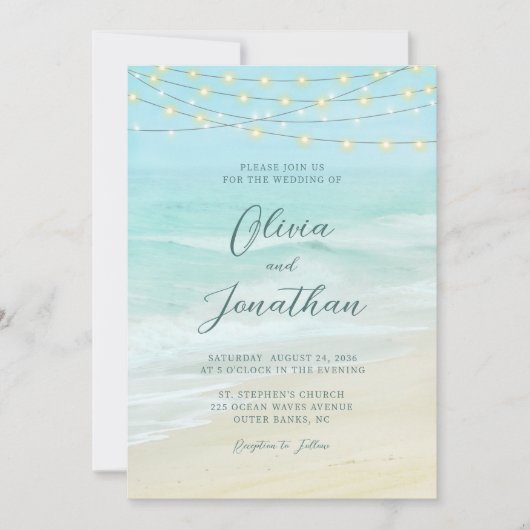 Ocean Beach String Lights Elegante Script Wedding Einladung (Vorderseite)