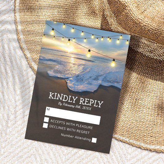 Ocean Beach String Lights Wedding RSVP Karte