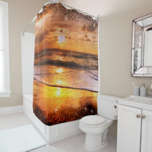 Ocean Beach Sunset Gold Sun Glitzer Border Duschvorhang