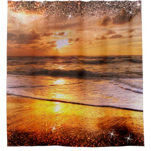 Ocean Beach Sunset Gold Sun Glitzer Border Duschvorhang (Vorderseite)