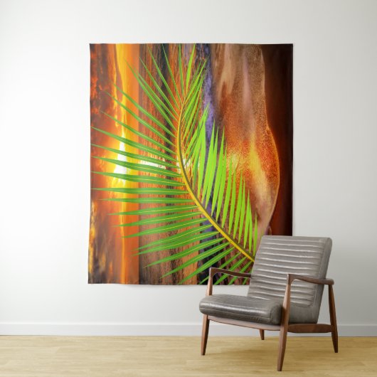 Ocean Beach & Sunset mit Palm Leaf - Modernes Meer Wandteppich (Beispiel)