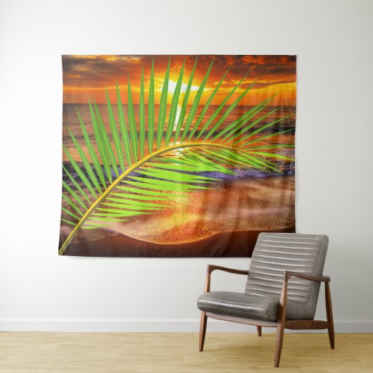 Ocean Beach & Sunset mit Palm Leaf - Modernes Meer Wandteppich (Beispiel (Horizontal))