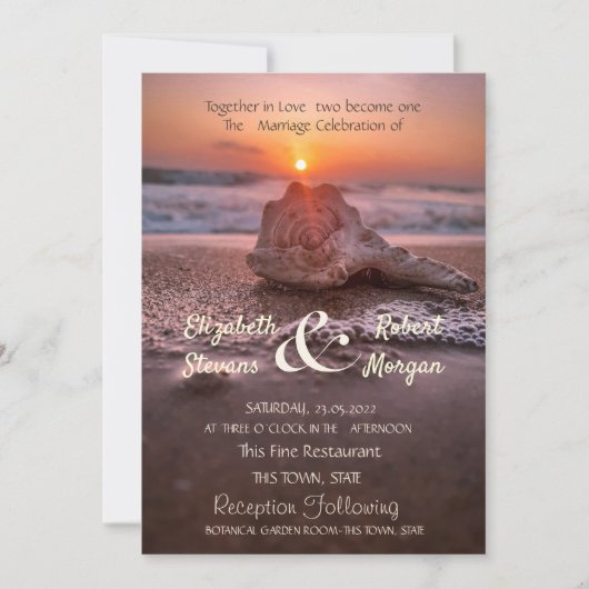 Ocean Beach Sunset Seashell Wedding Einladung (Vorderseite)