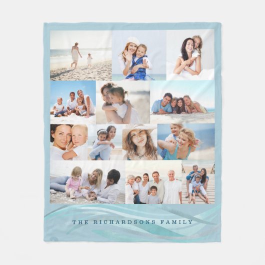 Ocean Beach Theme Family Foto Memory Collage Grid Fleecedecke (Vorderseite)