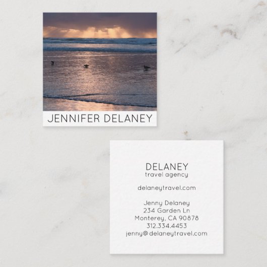 Ocean Beach Waves Birds Sunset Nature Foto Travel Quadratische Visitenkarte (Vorne/Hinten)