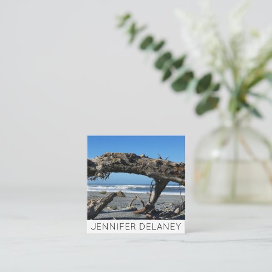 Ocean Beach Waves Driftwood Nature Foto Travel Quadratische Visitenkarte (Stehend Vorderseite)
