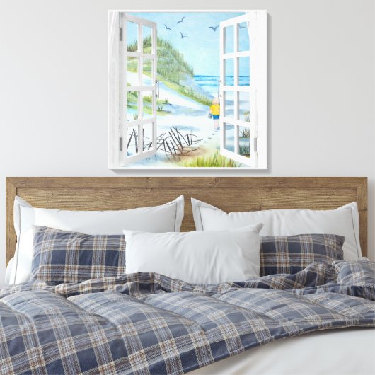 Ocean Beach Window Wasserfarben Canvas Print Leinwanddruck (Insitu (Schlafzimmer))