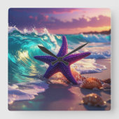 Ocean beach with violet starfish quadratische wanduhr (Vorderseite)