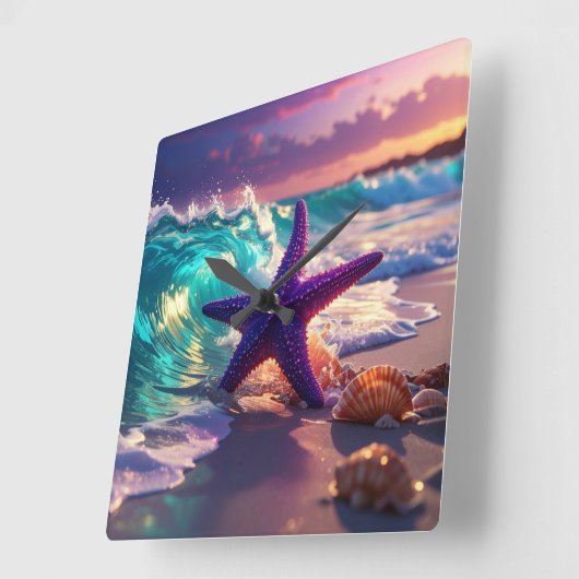 Ocean beach with violet starfish quadratische wanduhr (Winkel)