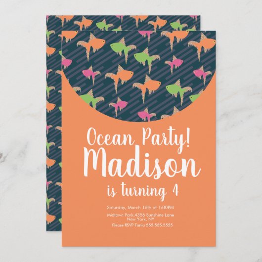 Ocean Birthday Gold Fish Neon Einladung (Vorne/Hinten)