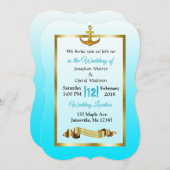 Ocean Blue Anchor Gold Hochzeit Einladung (Vorne/Hinten)