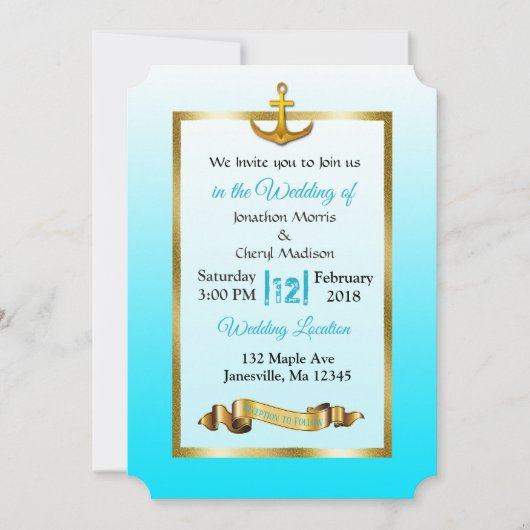 Ocean Blue Anchor Gold Hochzeit Einladung (Vorderseite)