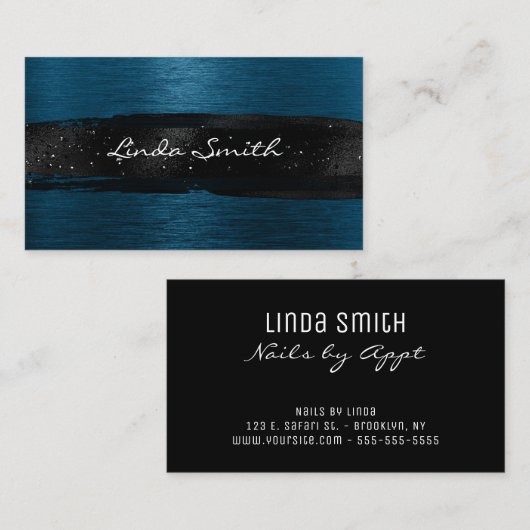 Ocean Blue Brushed Metal Black Brush Strokes Visitenkarte (Vorne/Hinten)