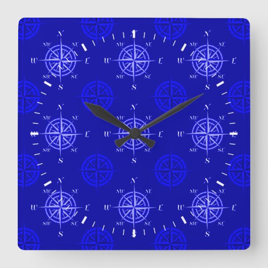 Ocean Blue Compass Rose Quadratische Wanduhr (Vorderseite)