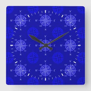 Ocean Blue Compass Rose Quadratische Wanduhr