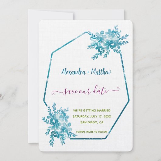 Ocean Blue Floral Save the Date (Vorderseite)
