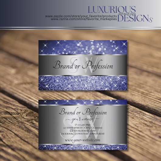 Ocean Blue Glitzer Silver Luminous Stars Initialen Visitenkarte