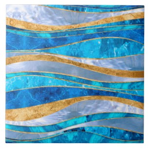 Ocean Blue Gold Metallic Wavy Abstrakt Fliese