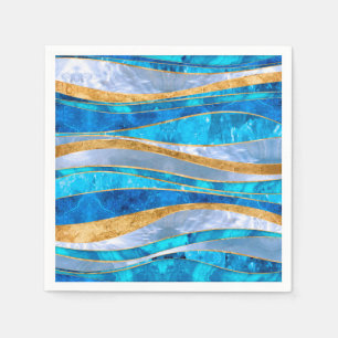 Ocean Blue Gold Metallic Wavy Abstrakt Serviette