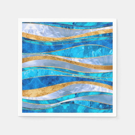 Ocean Blue Gold Metallic Wavy Abstrakt Serviette (Vorderseite)