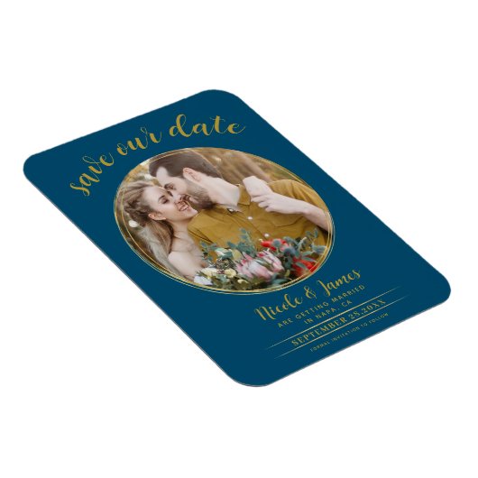 Ocean Blue & Gold Modernes Round Foto Save the Dat Magnet (Rechte Seite)