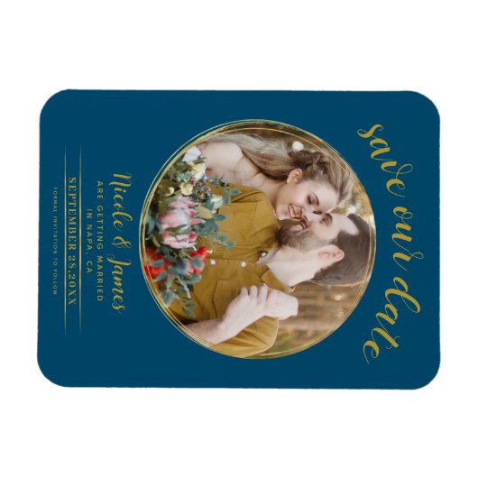 Ocean Blue & Gold Modernes Round Foto Save the Dat Magnet (Horizontal)
