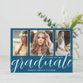 Ocean Blue Graduate Script 3-Foto Abschluss Ankündigung (Stehend Vorderseite)