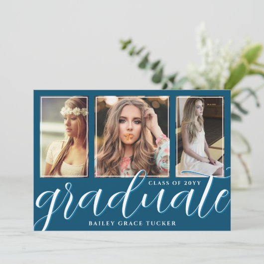 Ocean Blue Graduate Script 3-Foto Abschluss Ankündigung (Stehend Vorderseite)