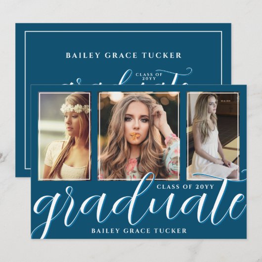 Ocean Blue Graduate Script 3-Foto Abschluss Ankündigung (Vorne/Hinten)