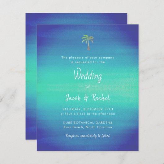 Ocean Blue Green Tropical Palm Hochzeitseinladung (Vorne/Hinten)