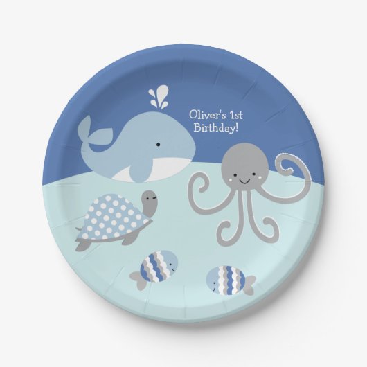 Ocean Blue Grey Whale Sea Life Party Plate Pappteller (Vorderseite)