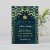 Ocean Blue Marokcan Arch Muslim Wedding Gold Folieneinladung (Stehend vorne)