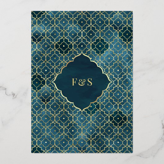 Ocean Blue Marokcan Arch Muslim Wedding Gold Folieneinladung (Rückseite)