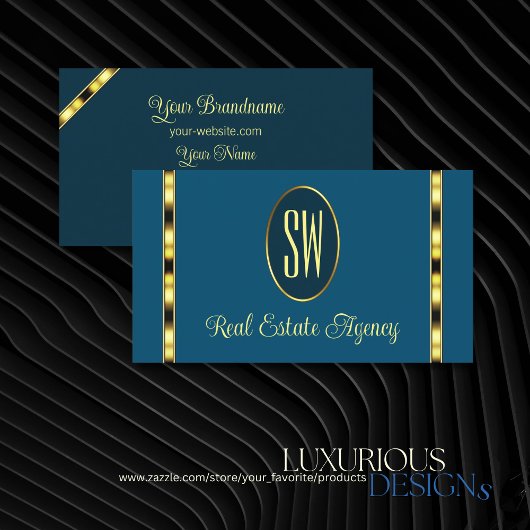 Ocean Blue mit Monogram Gold Borders Beruflich Visitenkarte