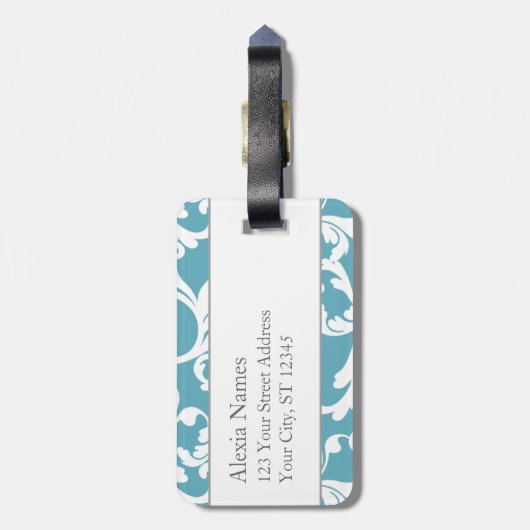 Ocean Blue Mit Monogramm Damask Print Gepäckanhänger (Rückseite vertikal)