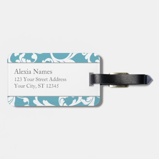 Ocean Blue Mit Monogramm Damask Print Gepäckanhänger (Rückseite horizontal)