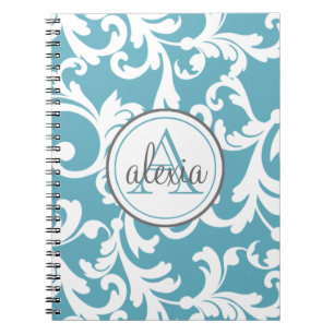 Ocean Blue Mit Monogramm Damask Print Notizblock