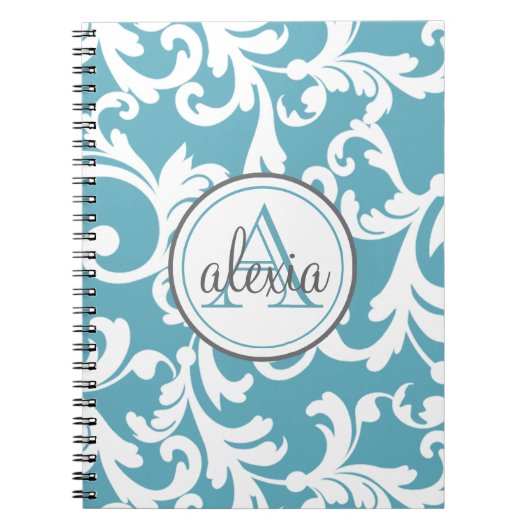 Ocean Blue Mit Monogramm Damask Print Notizblock (Vorderseite)