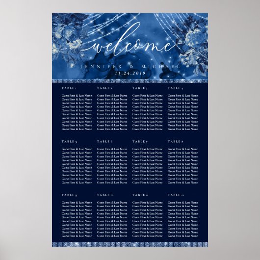 Ocean Blue Navy Floral Table Plan Seating Poster (Vorne)